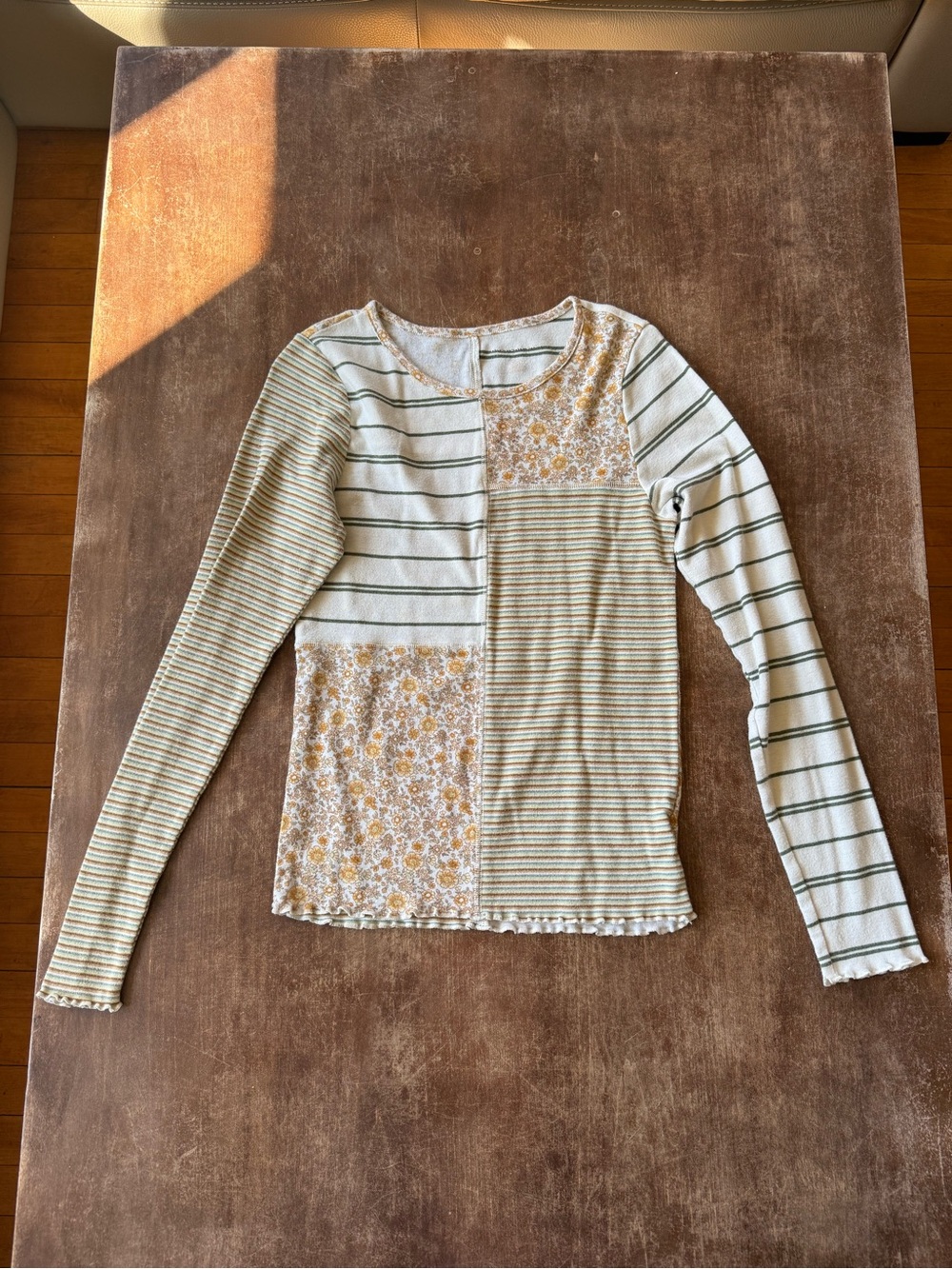 Patchwork Long Sleeve Floral & Stripe Top - Cream & Mustard